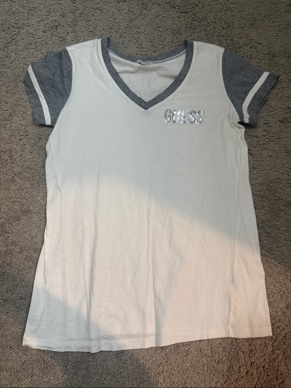 Guess White Tee with Gray Accents and Silver Logo